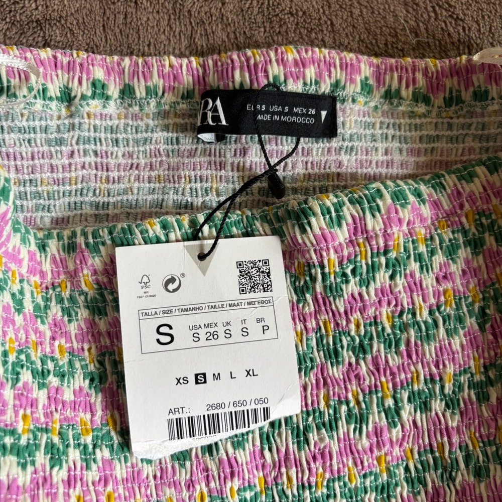 Zara Floral Smocked Mini Skirt Pink Green Ruffle Hem Small NWT - Picture 2 of 5
